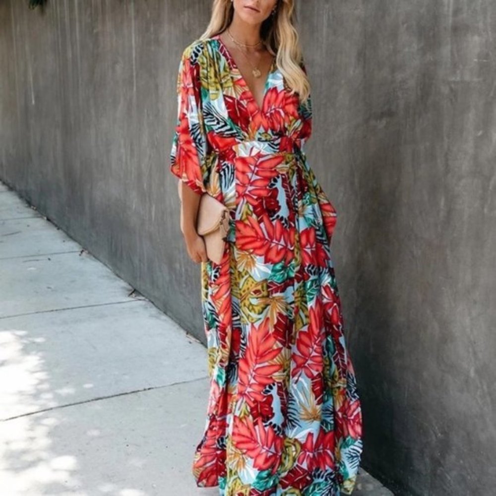 Tropical Sunset Bright Palm Print Maxi Dress - Picture 3 of 8